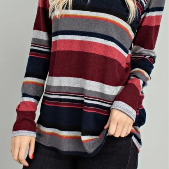 NAVY PRINT STRIPE LONG SLEEVE TOP - Picture 2 of 4